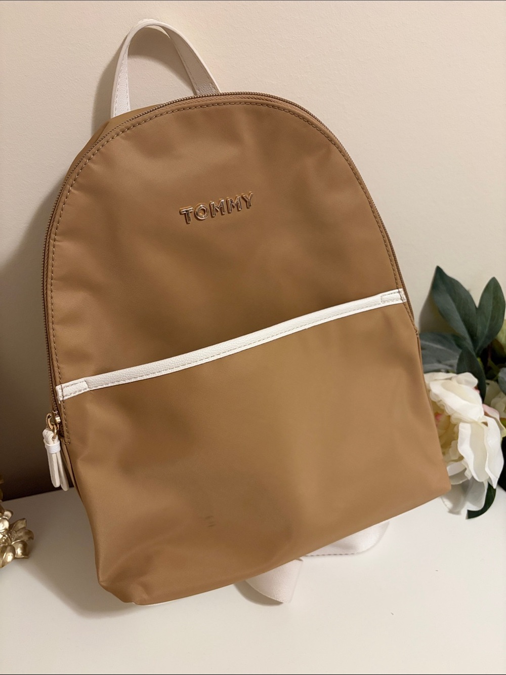 Tommy Hilfiger Tan Backpack with White Trim